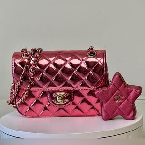 Chanel Hollywood Boulevard Mini Flap Bag With Star Coin Purse Metallic  Pink